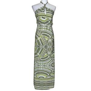 Ashley Stewart Womens Green White Halter Tie Neck Cutup Maxi Dress Plus Sz 16/18